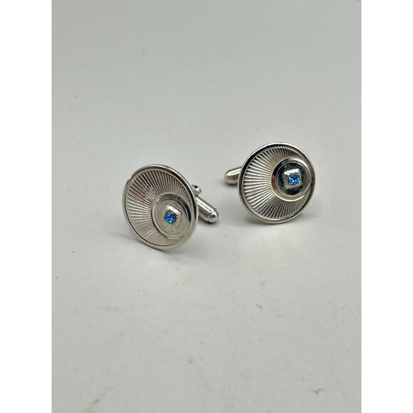Vintage Silver Tone Cufflinks with Blue Stone Center Round Shaped - Picture 4 of 5